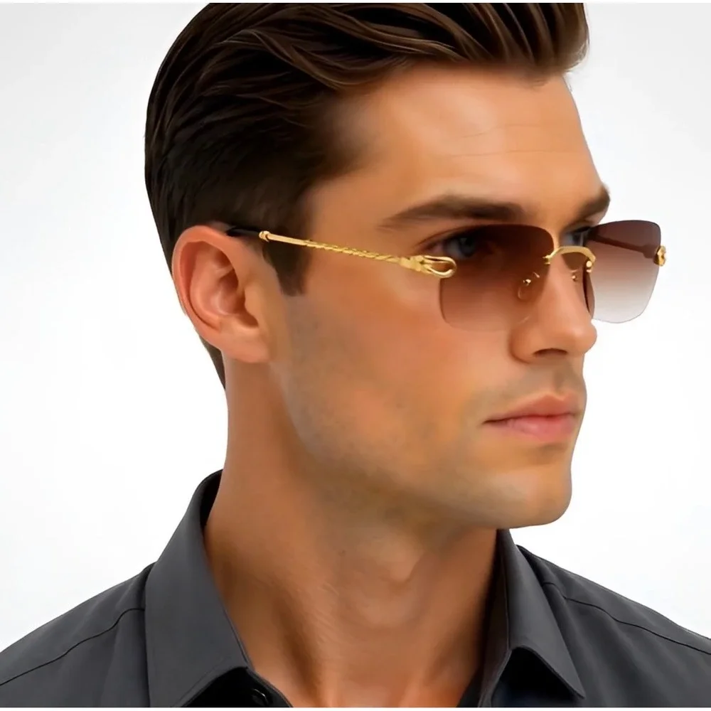 Mens Square Sunglasses Gold Twisted Metal Frame Brown‎ Gradient  Classy Shades
